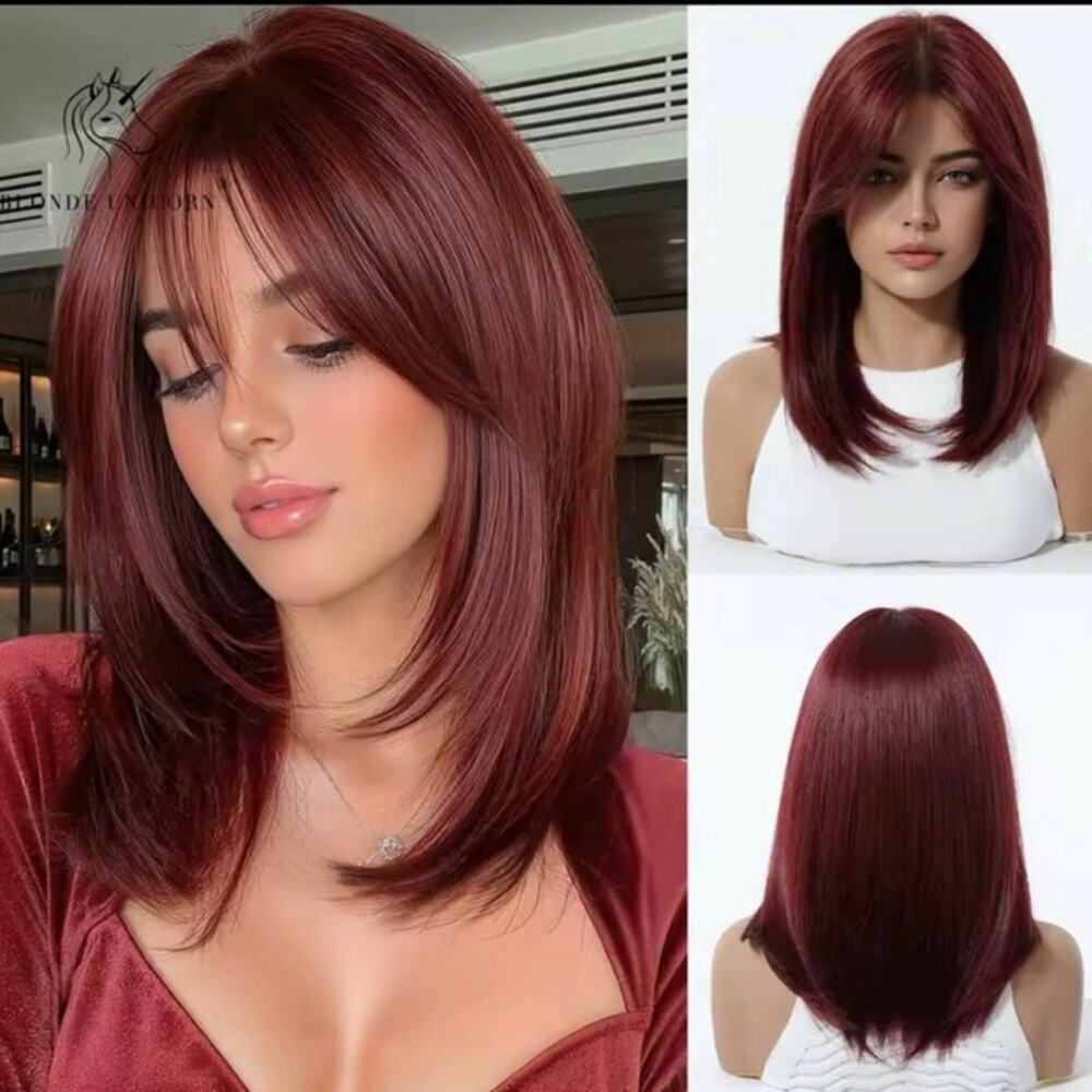 16” copper red wig blunt bangs synthetic NWT